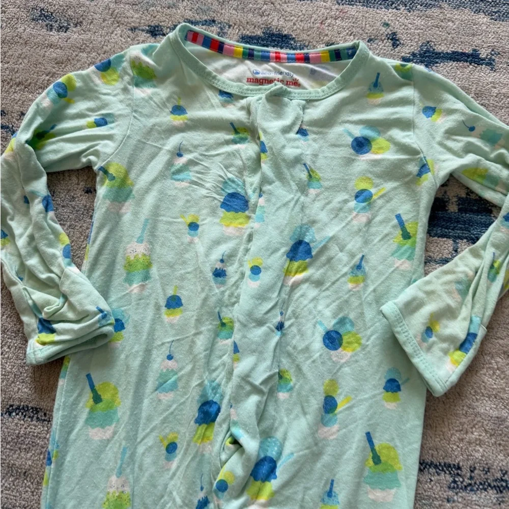Magnetic Me Light Green Footed Pajamas with Blue and Lime Dot Print